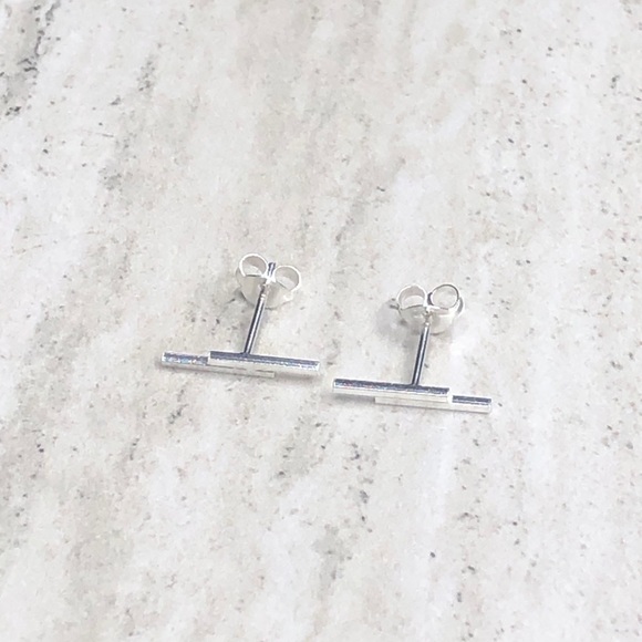 925 Sterling Silver Double Bar Stud Earrings - Picture 1 of 16